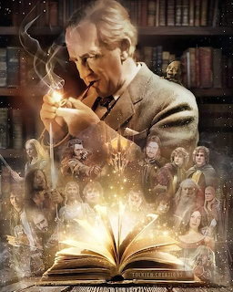 Fantasy illustration of an older man with a pipe above a glowing open book, surrounded by character portraits