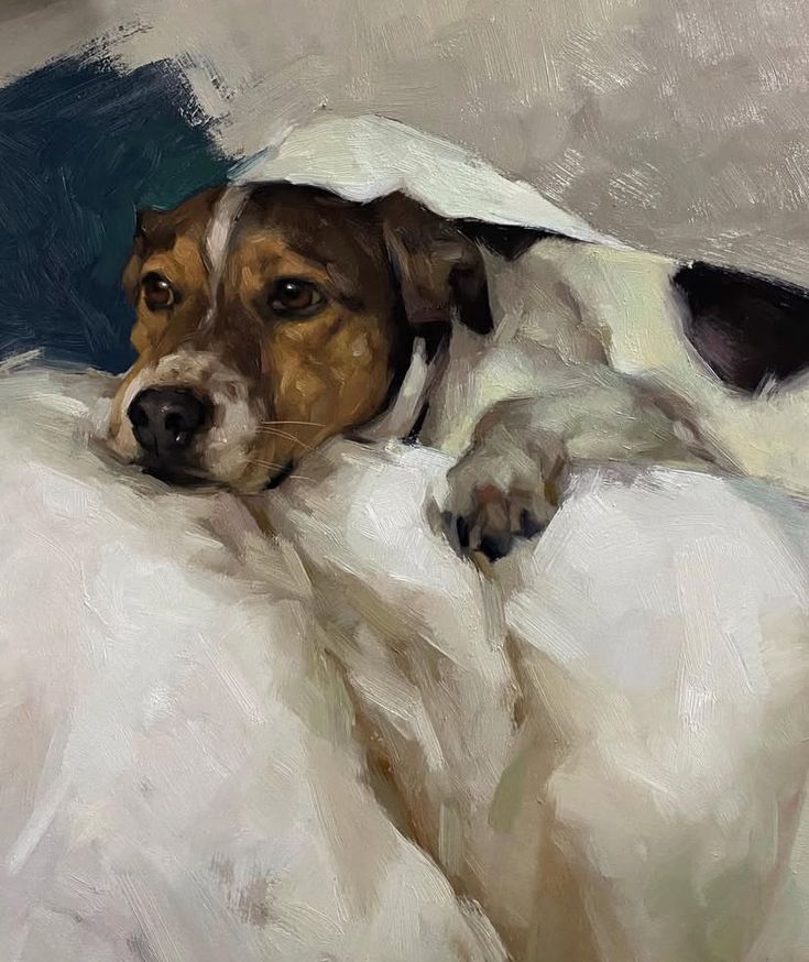 Painting of a brown and white dog resting on a white blanket