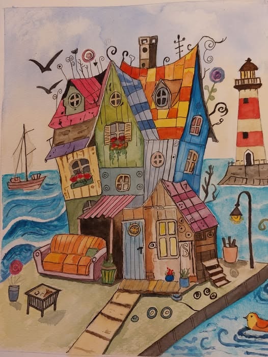 Whimsical drawing of colorful stacked houses on a coastal pier with lighthouse, sailboat, and seabirds