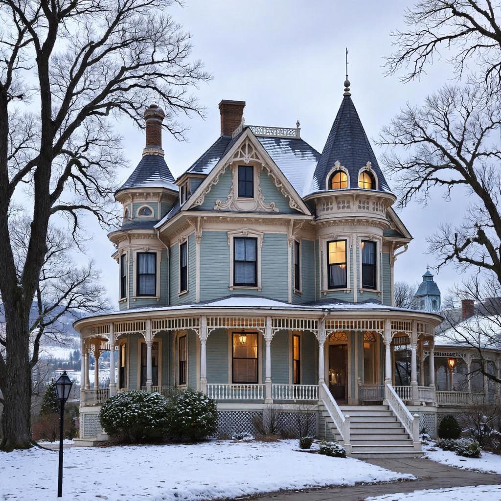 Victorian mansion with turret in snowy winter setting at twilight with illuminated windows