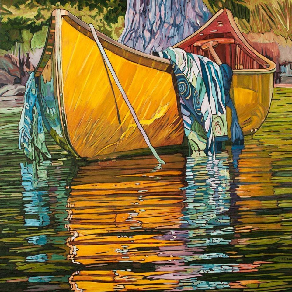 Yellow canoe tied to wooden dock with colorful water reflections in painting style