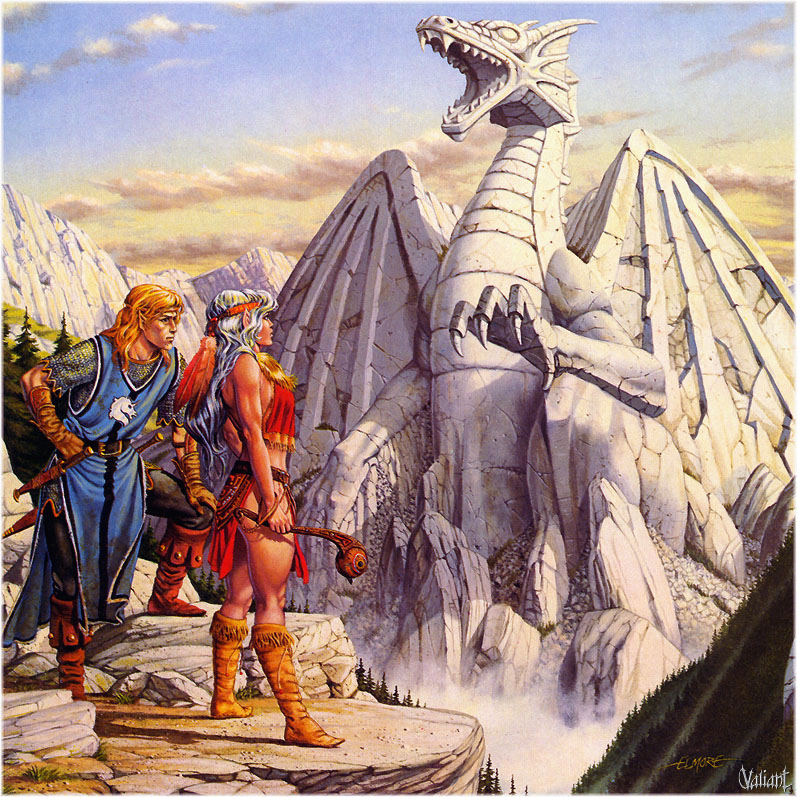 Fantasy adventurers encounter white dragon on mountain peak