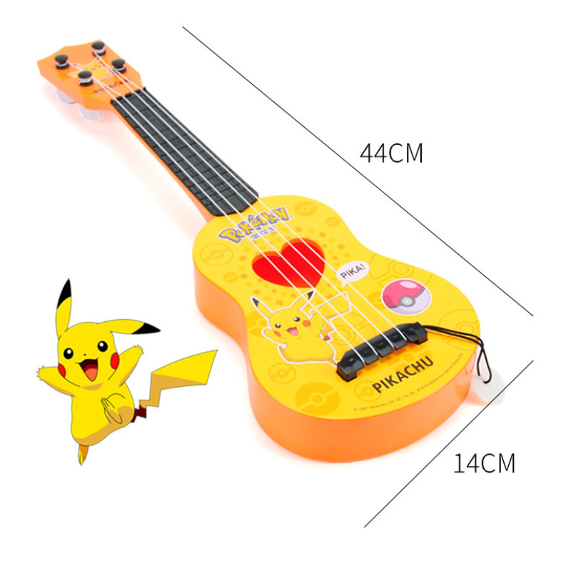 Yellow Pikachu-themed toy guitar on a white background with Pikachu graphic and measurement lines