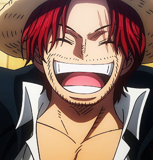 Anime character Shanks with red hair and scars, smiling widely in close-up portrait