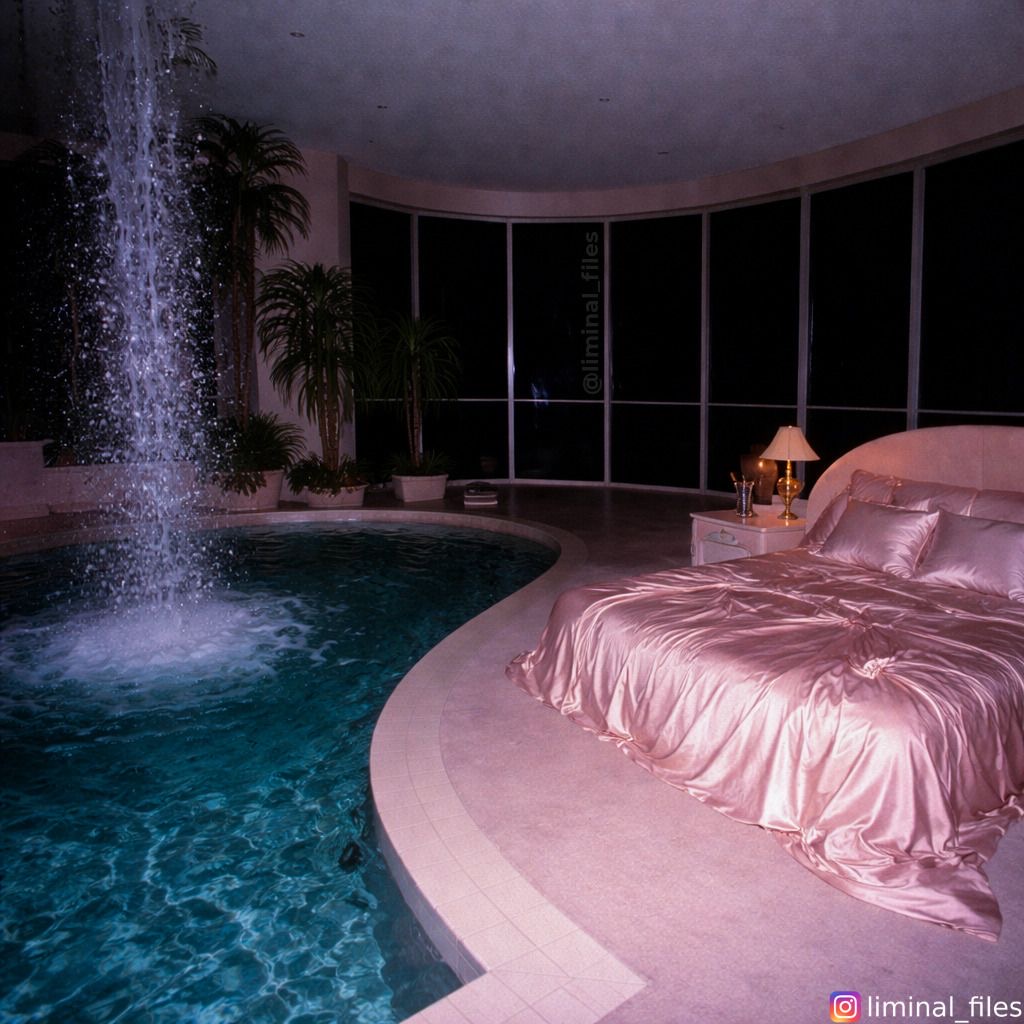 Curved indoor pool with a waterfall fountain beside a pink satin bed in a dimly lit room