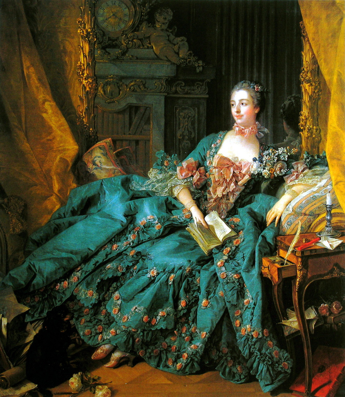 Rococo portrait of woman in elaborate turquoise dress with books and ornate interior furnishings