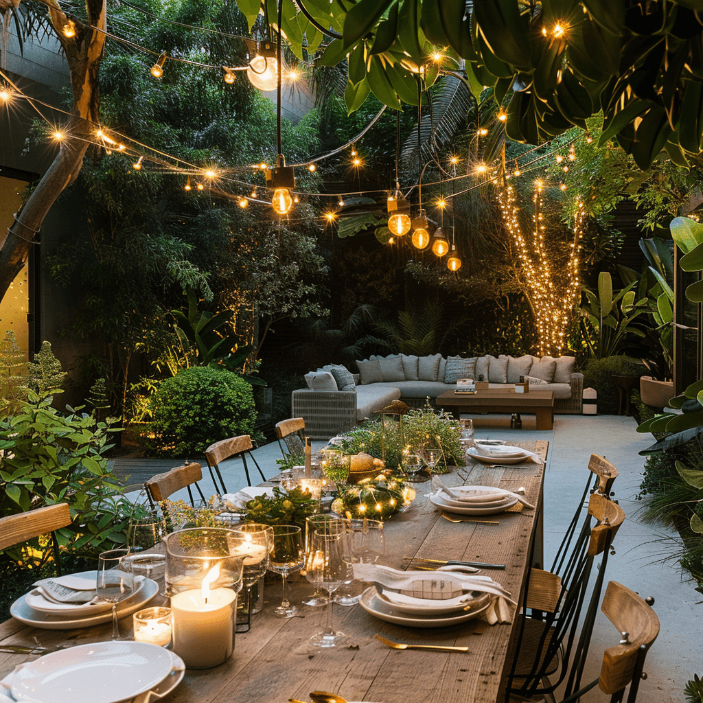 Outdoor garden patio at dusk with string lights, set dining table with candles, surrounded by greenery and comfortable seating