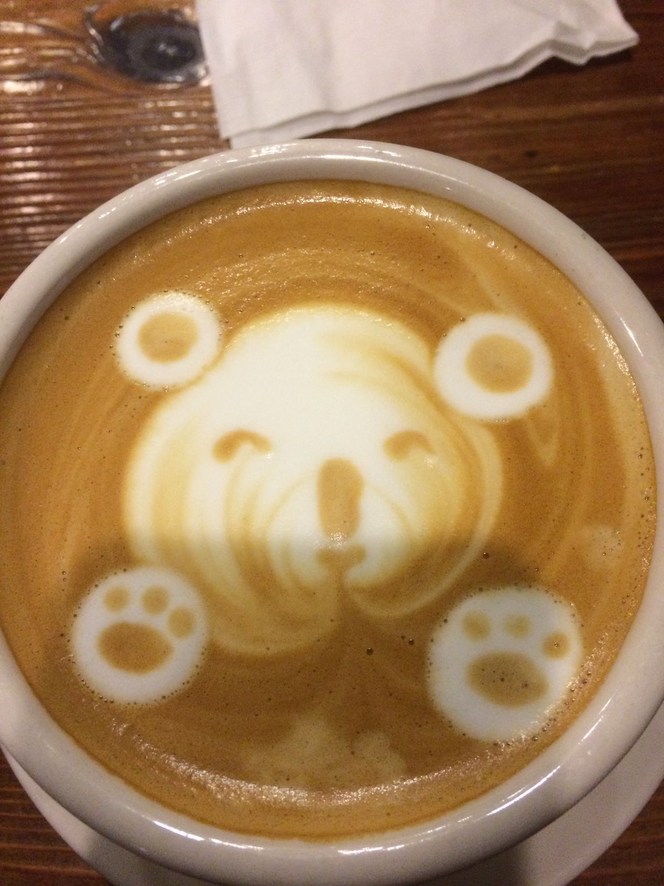 Cup of coffee with a bear face latte art design in the foam.