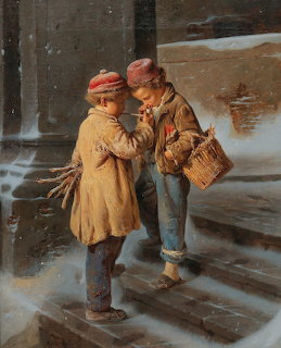 Painting of two boys in winter coats on snowy steps, one lighting a cigarette, by Antonio Rotta