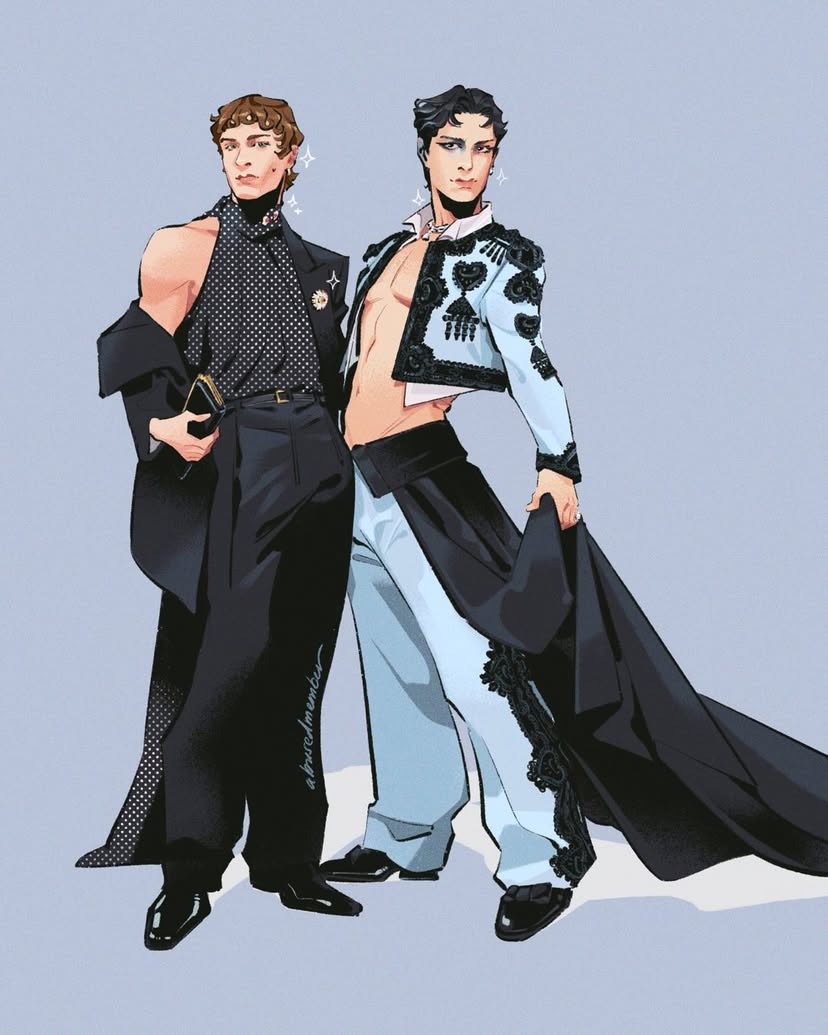 Two stylish anime men in black and pale blue outfits standing together
