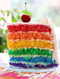 Slice of rainbow layer cake with cherry on top and white frosting