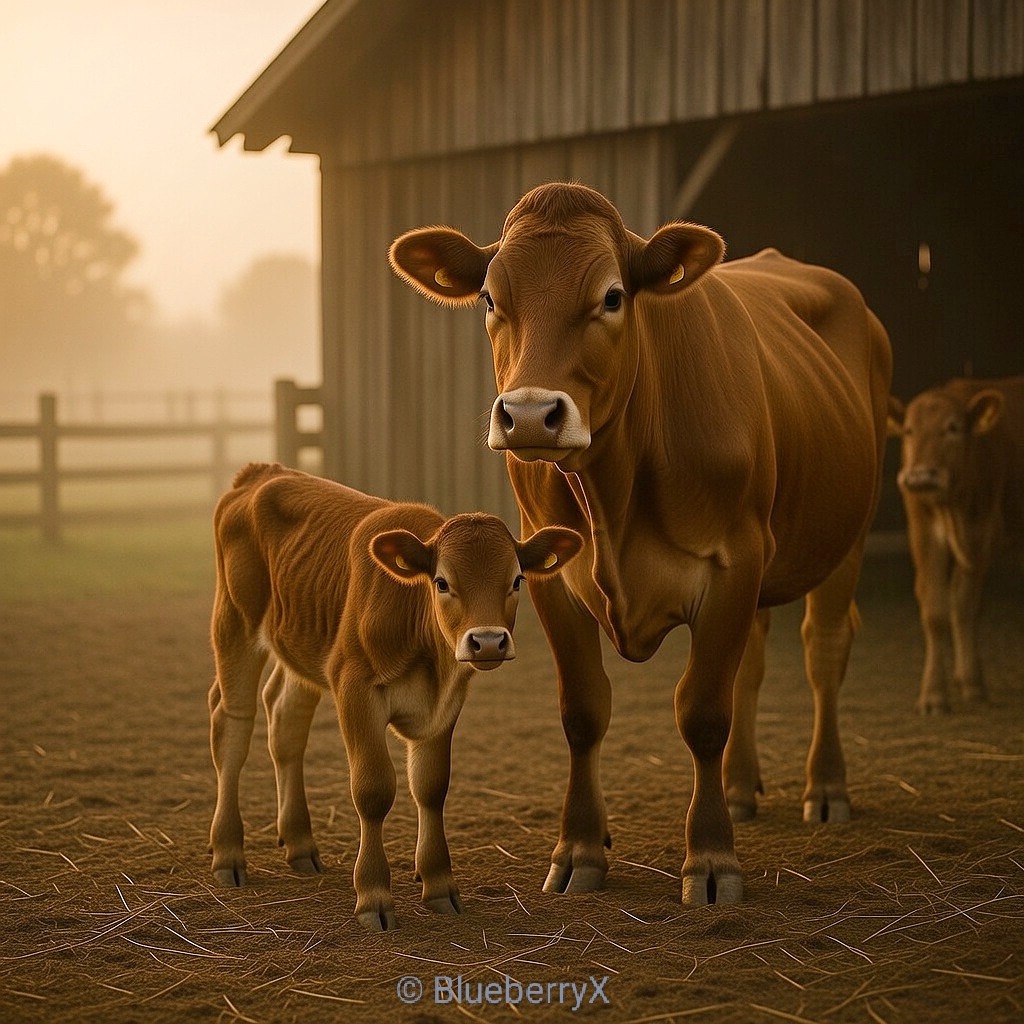 Brown cow with calf standing in front of barn during golden hour on farm