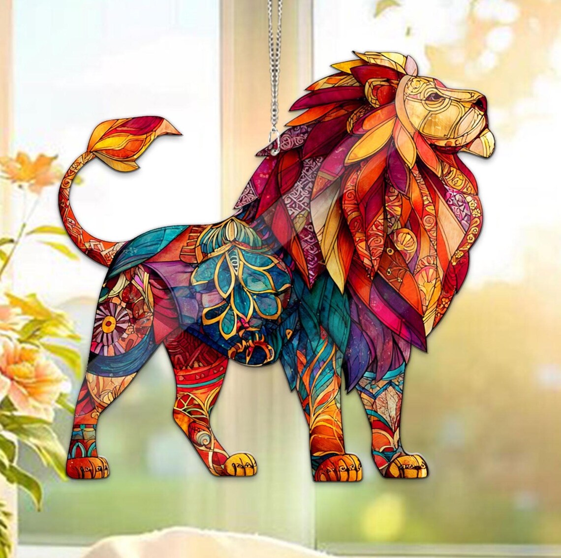 Ornate lion suncatcher with multicolored stained glass patterns standing in a sunny window