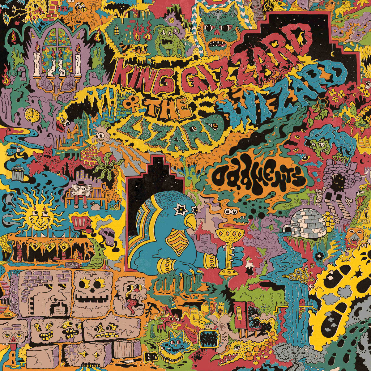 Colorful psychedelic doodle collage with abstract shapes and stylized lettering