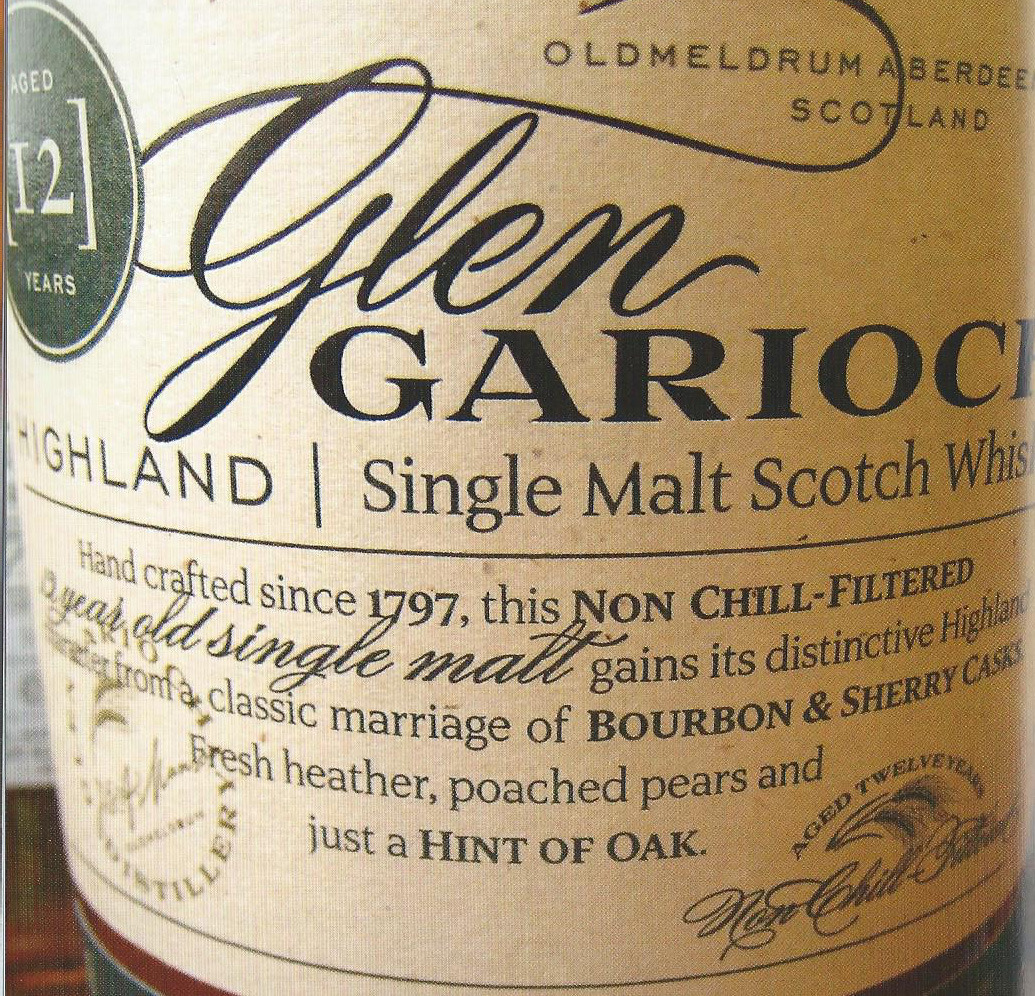 Close-up of a Glen Garioch 12-year-old Scotch whisky bottle label