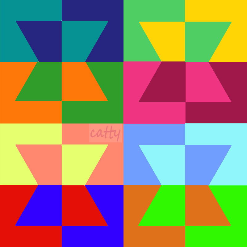 Colorful geometric pattern of squares and triangles in bright colors arranged in a grid