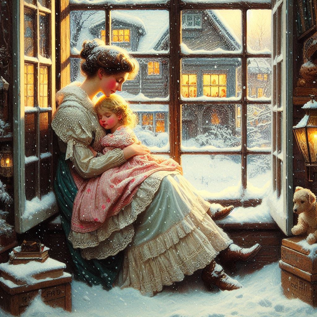 Mother holding child by window viewing snowy village at dusk with warm house lights glowing outside