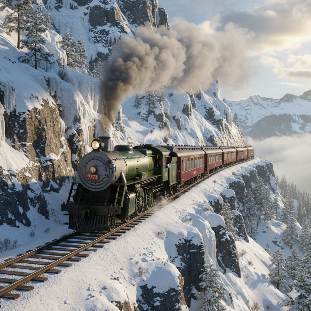 Steam train traveling through snow-covered mountain landscape with rocky peaks and billowing smoke