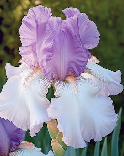 Ruffled lavender and white bearded iris flower with yellow beard details