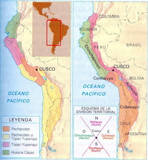 Map of the Inca Empire divisions along South America's west coast, labeled in Spanish with a territorial legend.