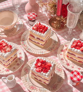 Layered strawberry shortcakes topped with whipped cream and fresh strawberries on pink gingham table