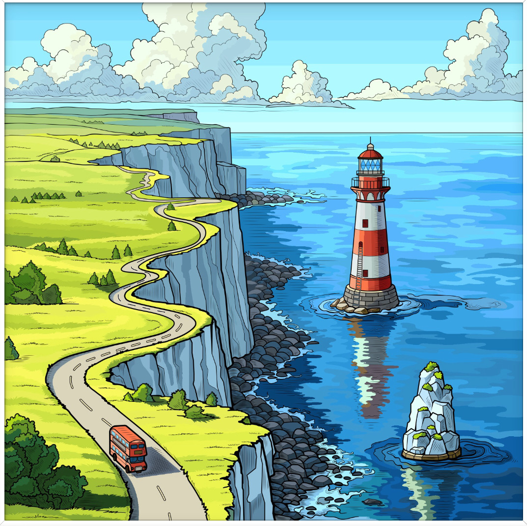 Illustrated lighthouse beside coastal cliffs with a winding road and blue ocean