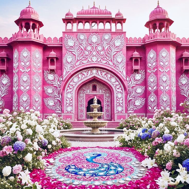 Ornate pink palace facade with a fountain, flower garden, and peacock mosaic walkway