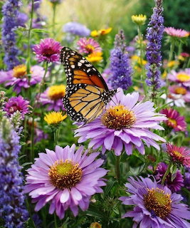 Monarch butterfly on purple aster flowers surrounded by colorful garden blooms