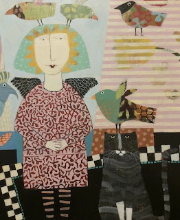 Whimsical folk art illustration of girl with birds and sheep in mixed patterns