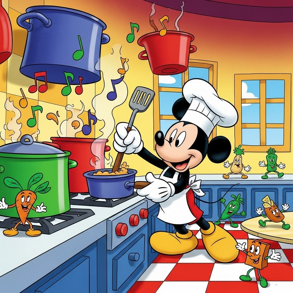 Mickey Mouse in chef's hat cooking at stove in vibrant cartoon kitchen with animated food and musical notes