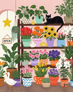 Illustration of flower shop shelves with colorful potted plants, black cat, and white ducks