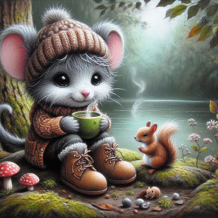 Illustrated mouse in winter clothes holding cup in woodland setting with squirrel and mushrooms