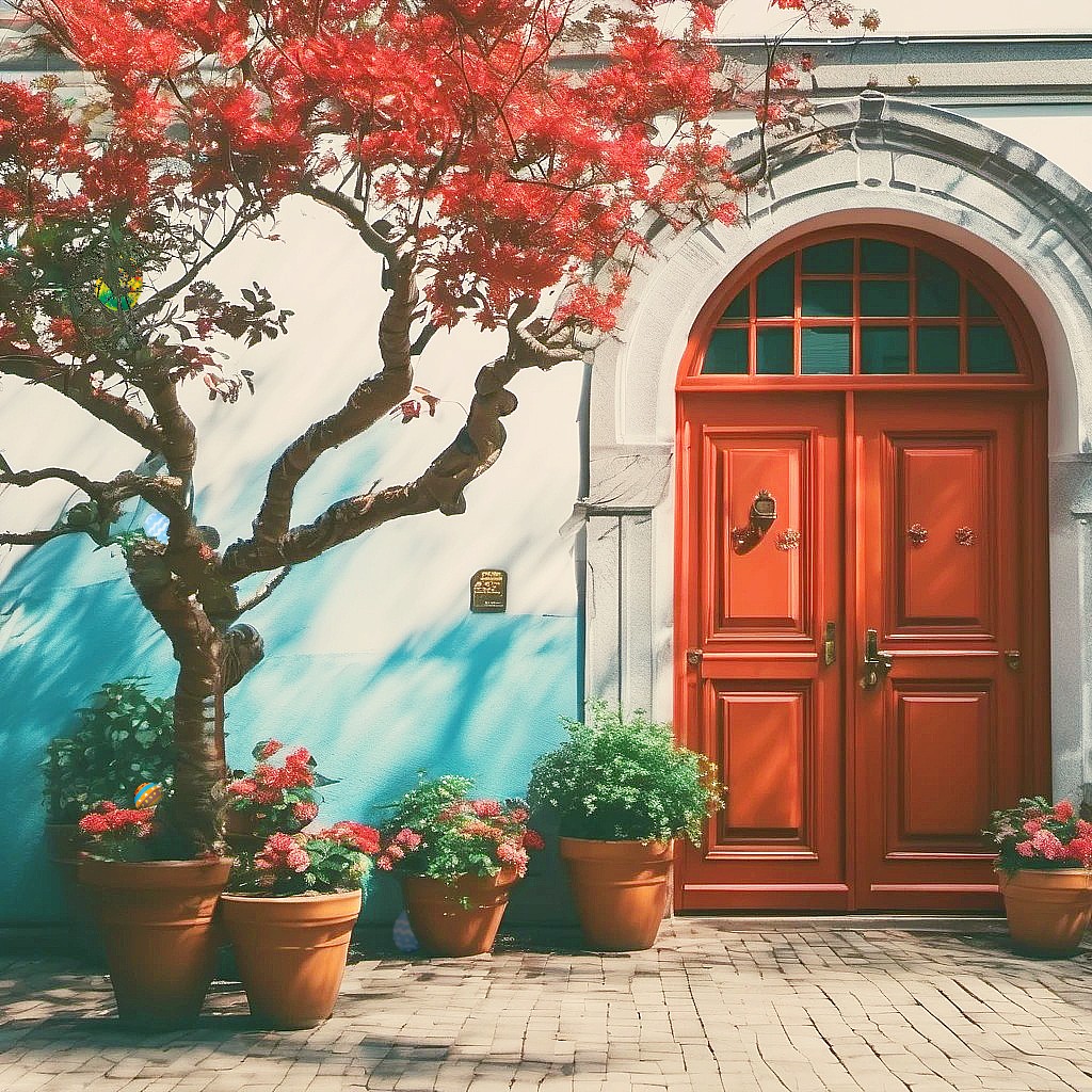 Ornate wooden door with red flowering tree and potted plants on cobblestone path