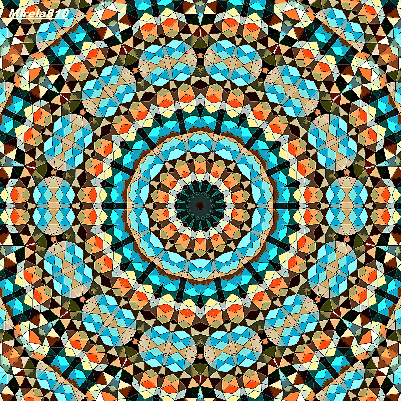 Colorful geometric mandala with turquoise, orange, and cream tiles in radial symmetry