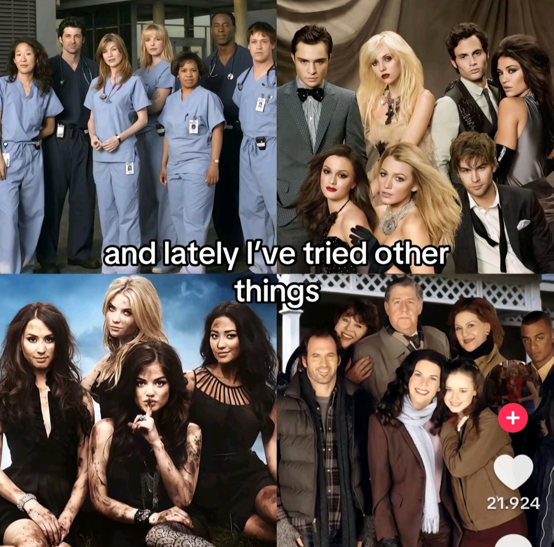 Collage of TV series cast photos with overlaid text and social media icons