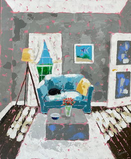 Painting of cozy living room with turquoise sofa, sleeping cat, striped rug, and framed coastal art on walls