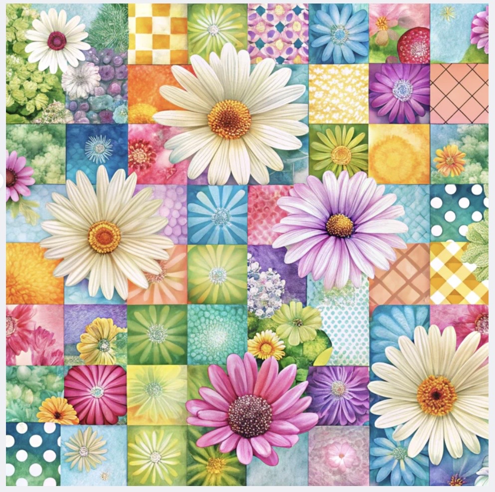 Colorful patchwork collage of daisy flowers and geometric patterns in a square grid layout