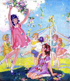 Vintage illustration of girls around a flower-decorated maypole in a sunny field