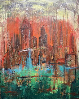 Abstract mixed media painting of a city skyline in red and teal with reflections in water