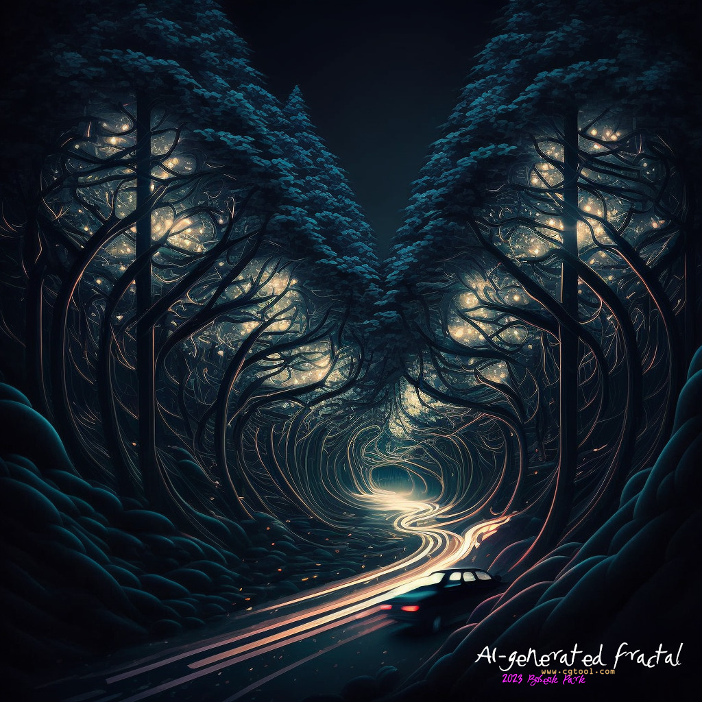 Car driving on a glowing road through a dark fractal forest at night