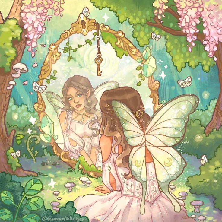 Two fairy girls with butterfly wings in a magical garden with pink hanging flowers and butterflies