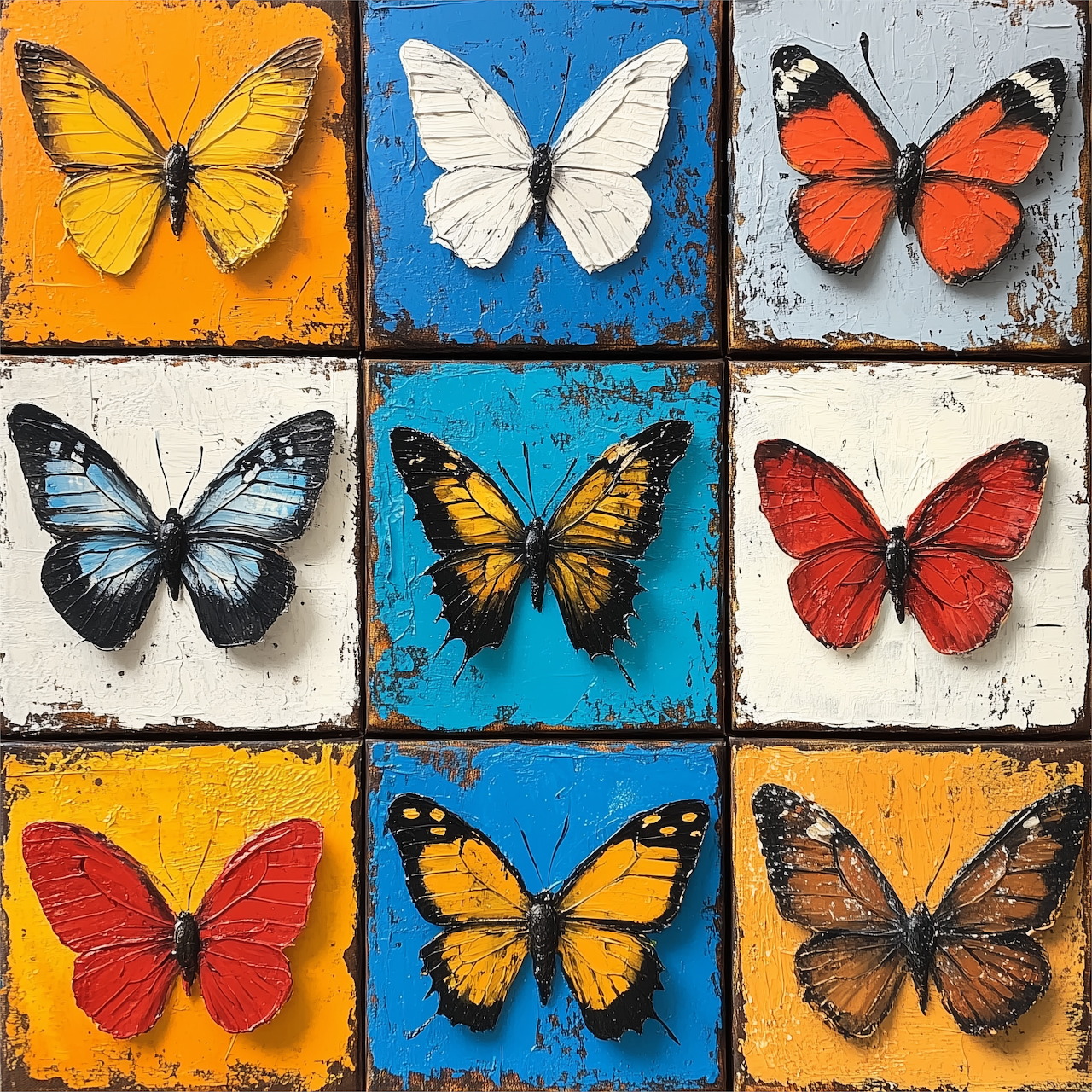 Grid of nine butterflies on colorful textured square backgrounds