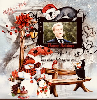 Christmas collage with snowmen, penguin, gifts, red decorations, and a framed portrait