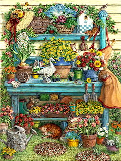 Painting of a teal garden potting bench with spring flowers, a gose, cats, and gardening tools