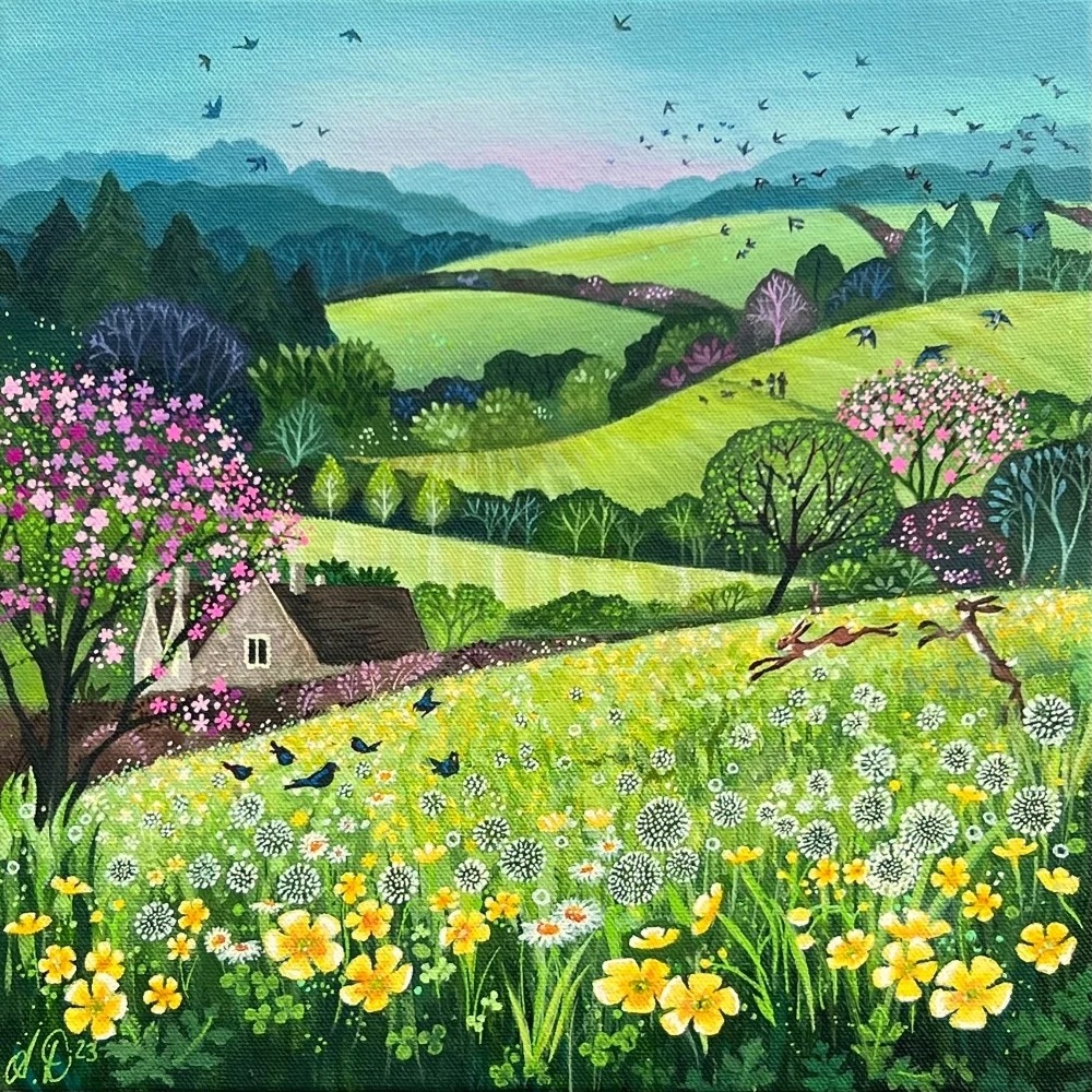 Folk art painting of green rolling hills with wildflowers, a cottage, blooming trees, and birds flying