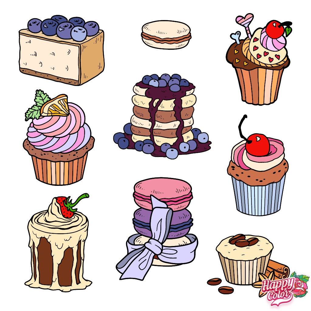 Illustration of assorted cakes, cupcakes, macarons, and pancakes with berries on a white background