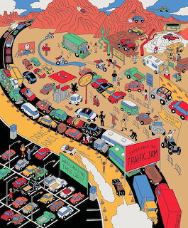 Cartoon illustration of a crowded desert traffic jam with cars, trucks, buses, and people on roads between mountains