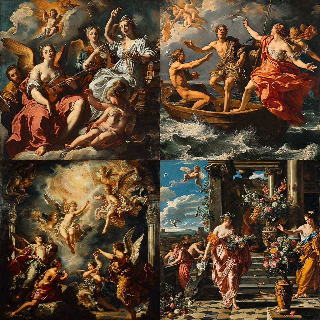 Collage of three classical mythological paintings with figures, cherubs, sea, and architecture