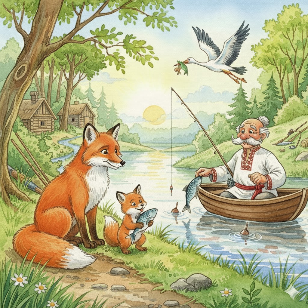 Child in boat fishing on river with fox family watching from grassy bank, crane overhead, village in distance