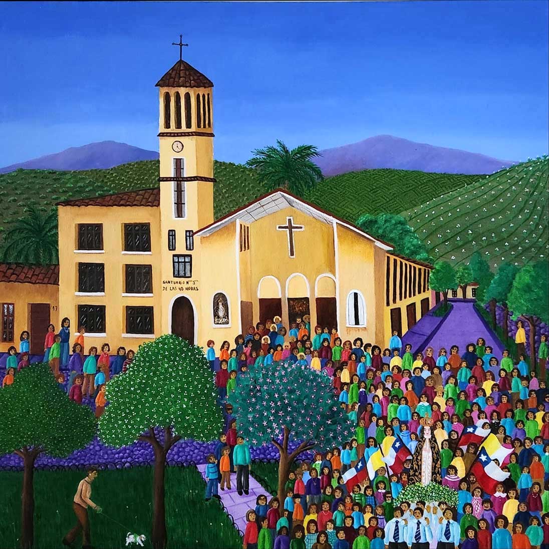 Naive art painting of crowd in colorful clothing gathered for religious procession at yellow church with mountains behind